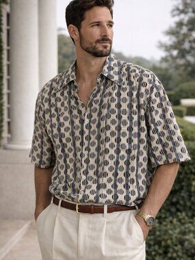 Vintage Alfani 100% Silk Shirt XXL Oversized Geometric Old Money Resort Mens